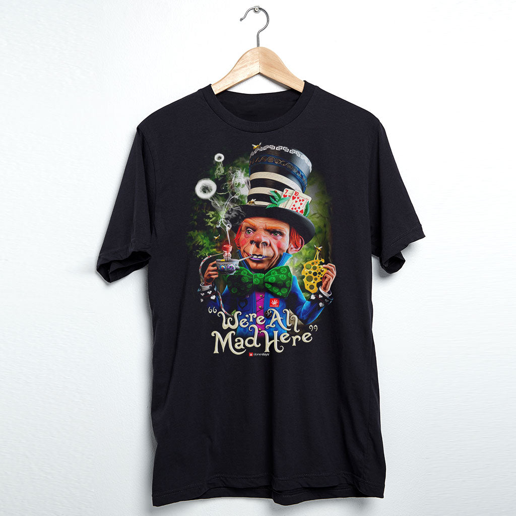 StonerDays Mad Shatter men's black cotton t-shirt with colorful dab straw design, hanging on a hanger, front view.