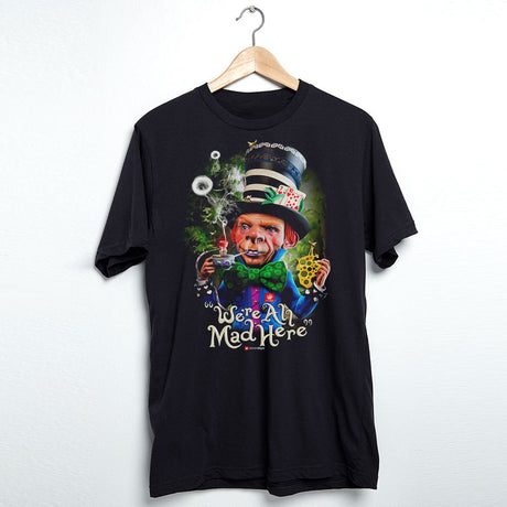 StonerDays Mad Shatter men's black cotton t-shirt with colorful dab straw design, hanging on a hanger, front view.