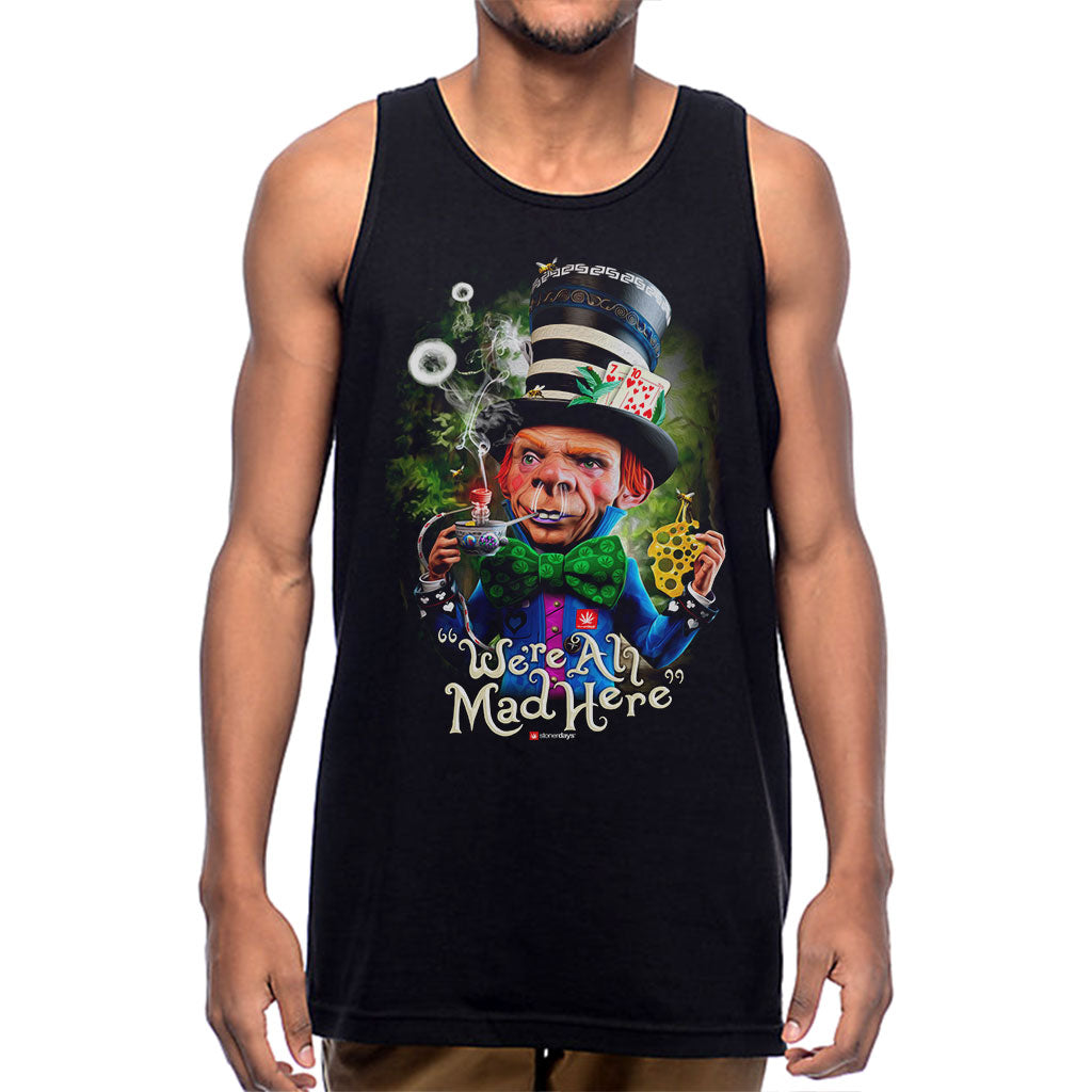 StonerDays Mad Shatter Tank top with vibrant dab straw design, cotton blend, front view on model