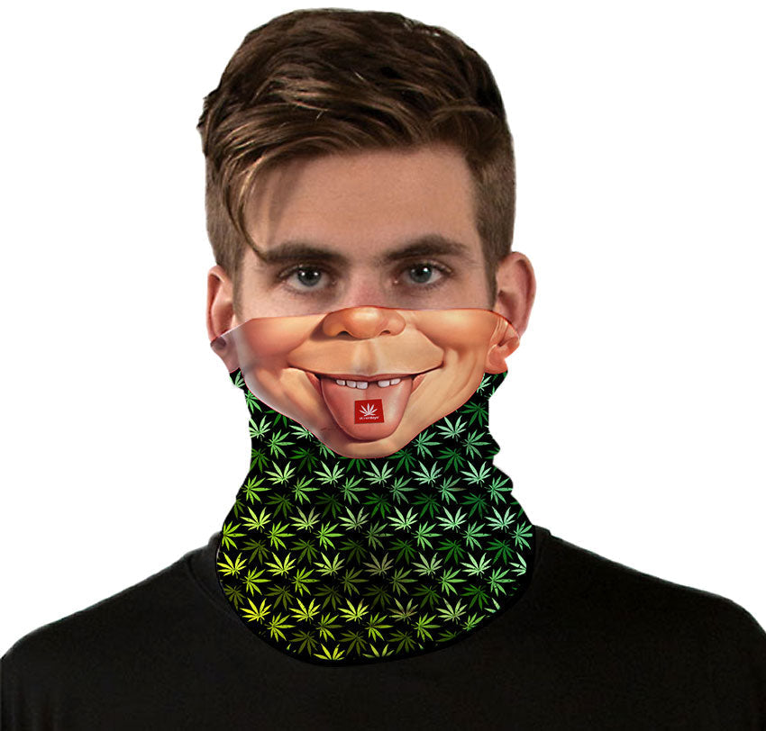 StonerDays Mad Trippin Neck Gaiter with cannabis leaf design, worn by model, front view