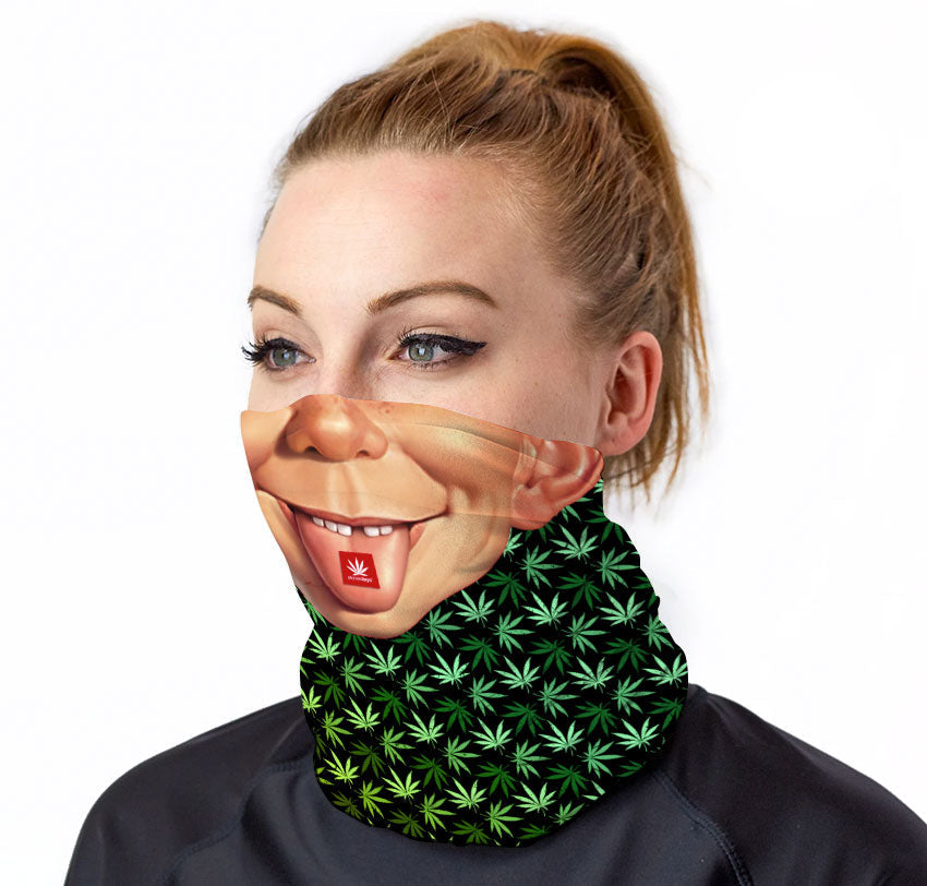 StonerDays Mad Trippin Neck Gaiter featuring cannabis leaf design, worn by model, front view