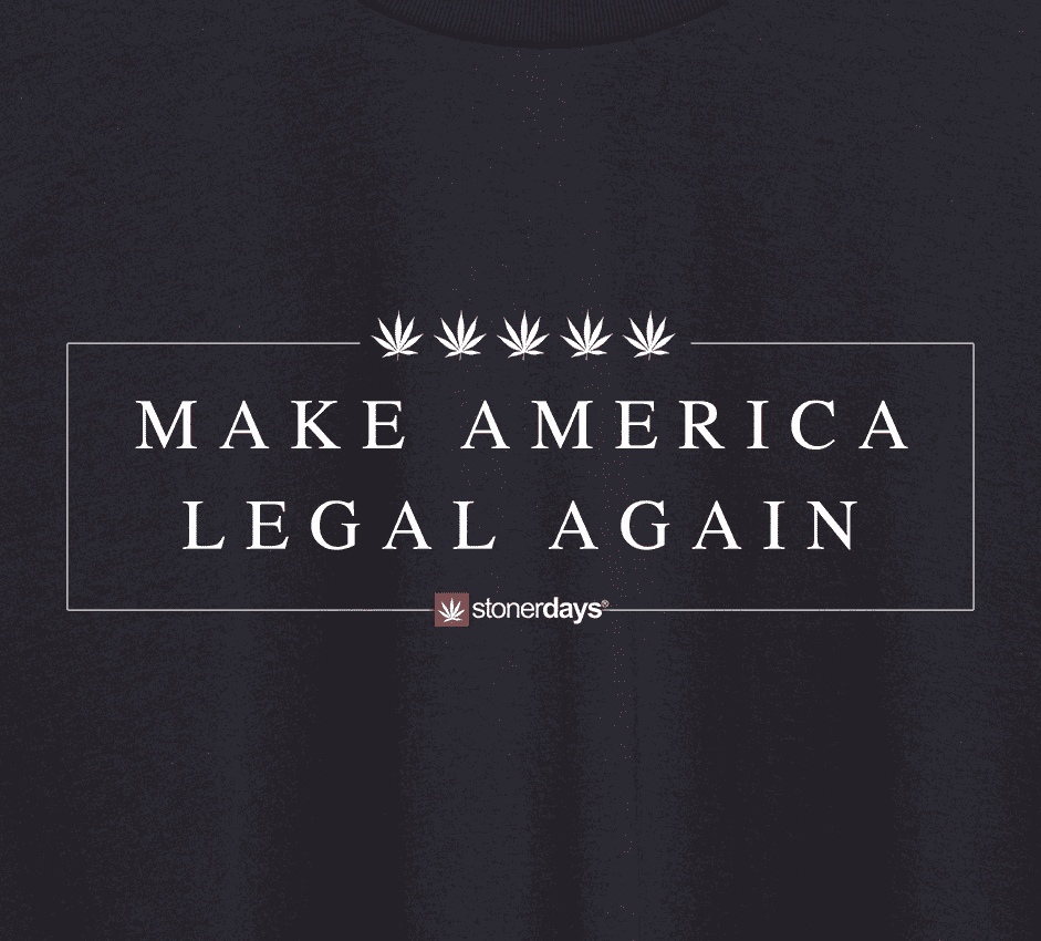 StonerDays Make America Legal Again Tee in black, front view on seamless background