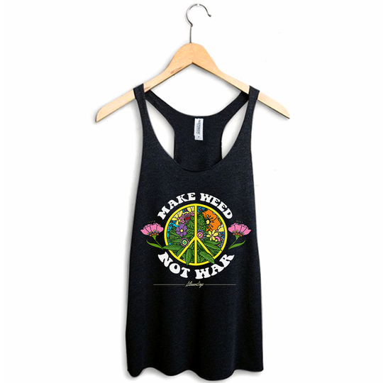 StonerDays 'Make Weed Not War' black racerback tank top on hanger, sizes S-XXL available