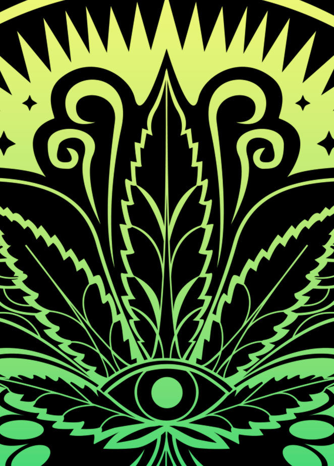 StonerDays Mandala 222 t-shirt design close-up in green and black