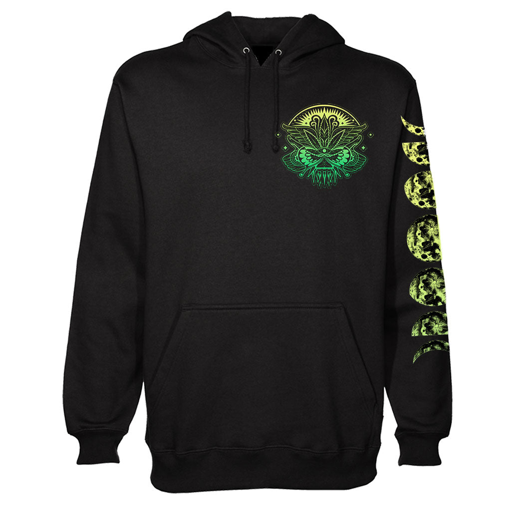 StonerDays Mandala 222 Hoodie in black with green mandala design, front view on white background