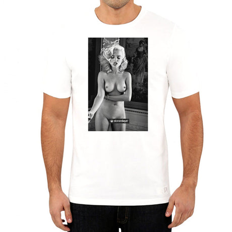 Front view of StonerDays Marilyn White Tee for men, featuring iconic spoon design on cotton fabric.
