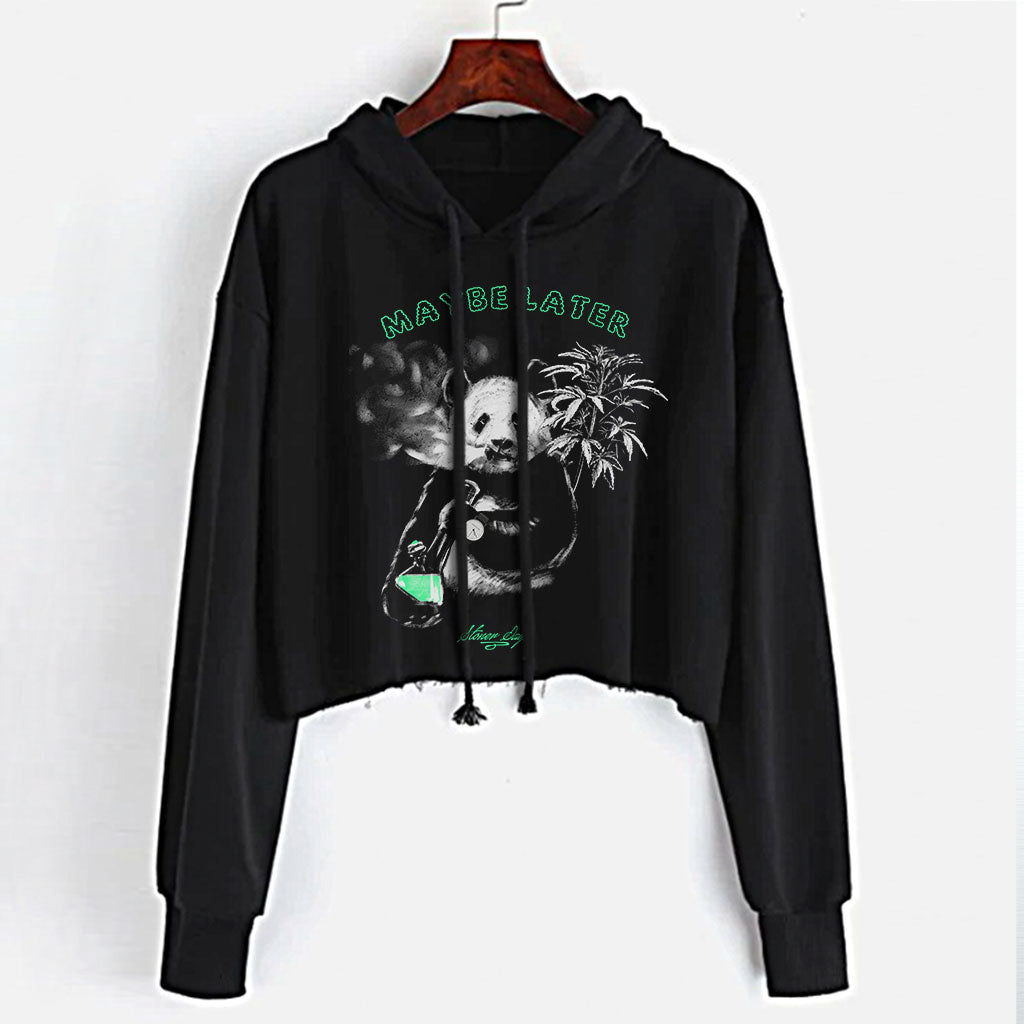 StonerDays Maybe Later Panda Crop Top Hoodie in Black, Front View on Hanger