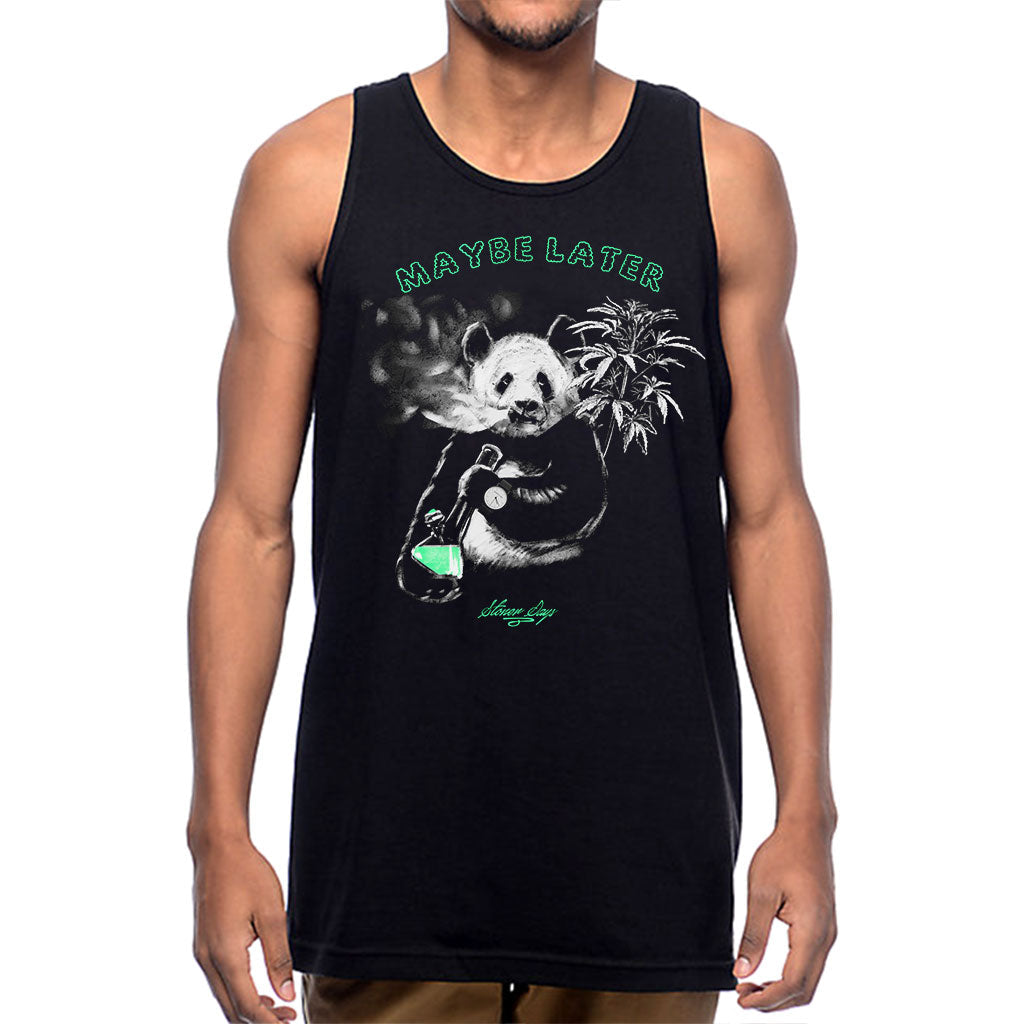StonerDays Maybe Later Panda Tank Top, Men's Black, Front View on Model