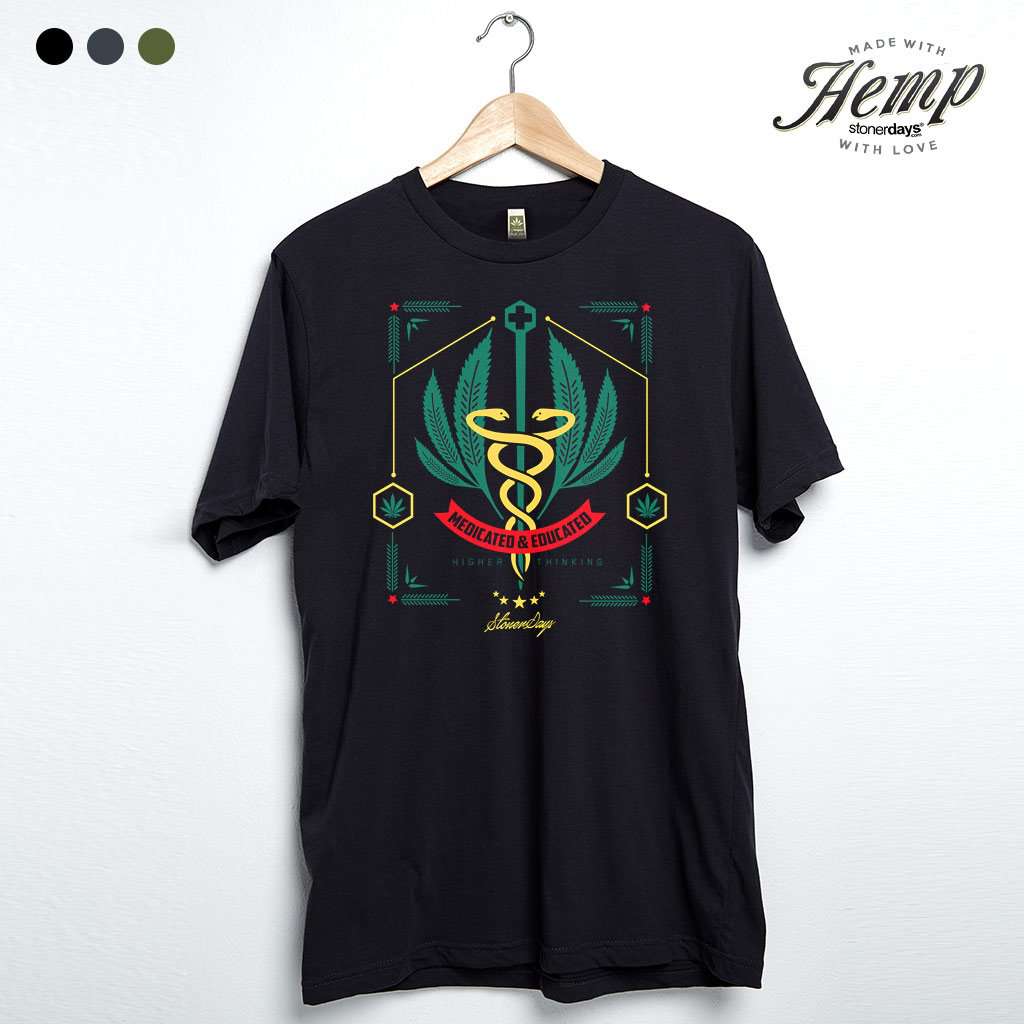 StonerDays Medicated Educated Hemp Tee in Caviar Black, front view on hanger, unisex, sizes S-3XL