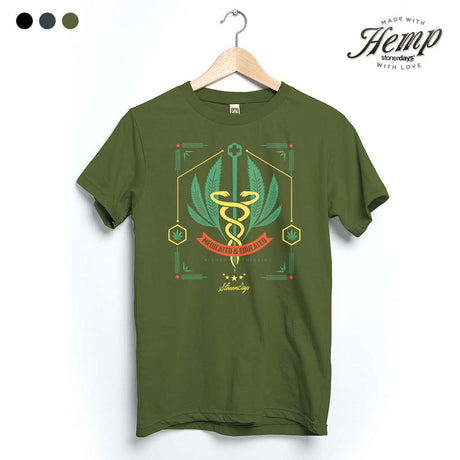 StonerDays Medicated Educated Hemp Tee in Herb Green, Unisex Cotton Shirt Front View
