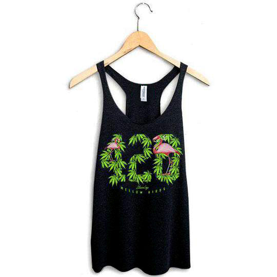 StonerDays Mellow Birds Racerback tank top in black, pink graphic, sizes S to XXL