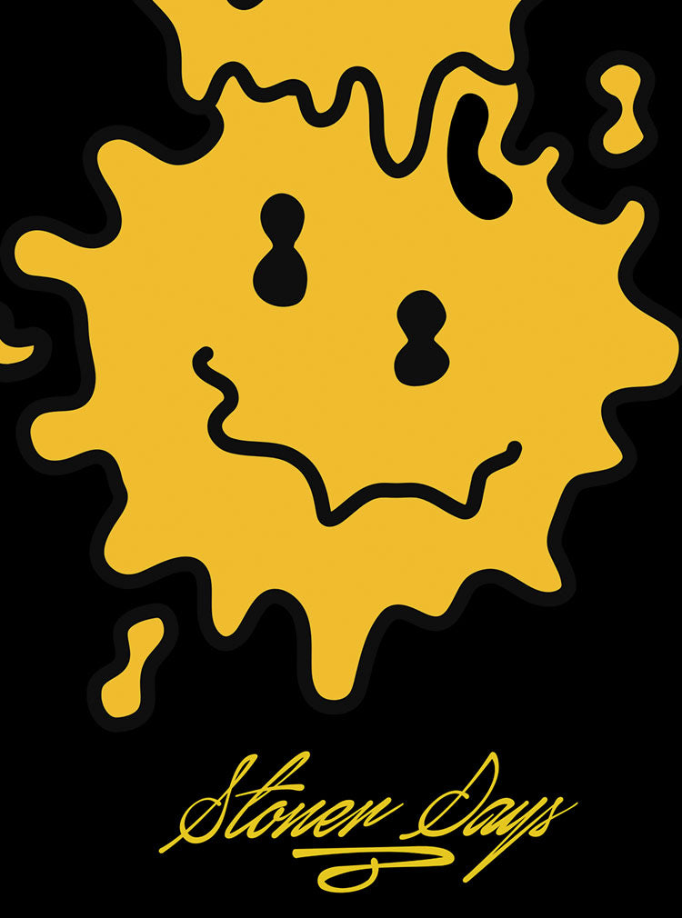 StonerDays Melted Faces Hoodie design close-up with dripping smiley graphic on black background