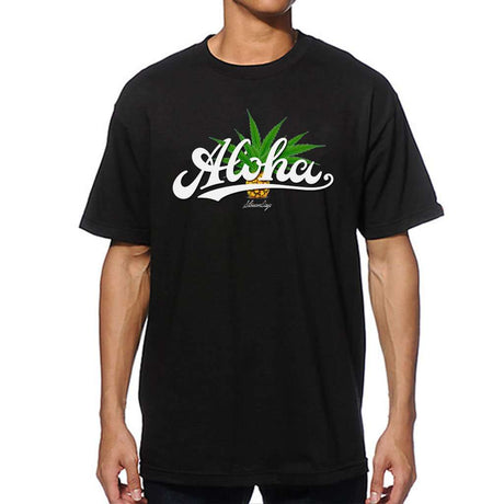 StonerDays Men's Aloha Tee in black, front view, featuring bold graphic design with cannabis leaf