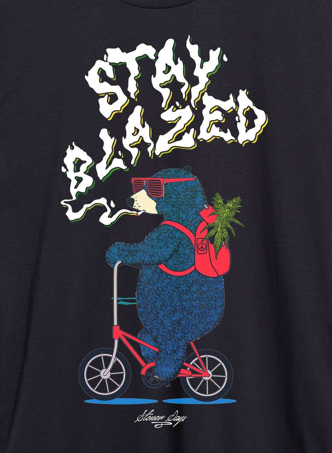 StonerDays Bear on a Bike Tee featuring a graphic of a bear with sunglasses riding a bike, front view on black cotton.