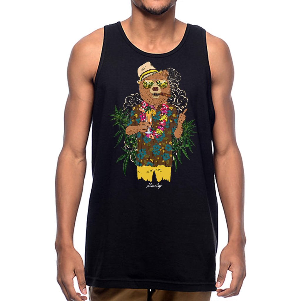 StonerDays Men's Bear On Vacation Tank Top, Black Cotton, Front View