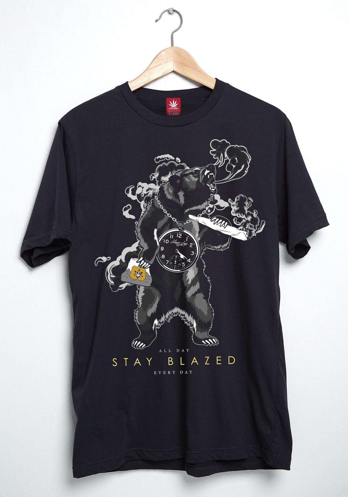 StonerDays Men's Black Cotton Tee with Bear Graphic and 'Stay Blazed' Slogan, Front View on Hanger