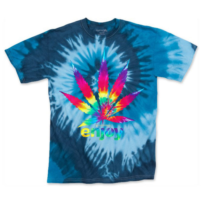 StonerDays Men's Blue Enjoy Leaf Tie Dye Tee, vibrant cotton shirt with frontal view