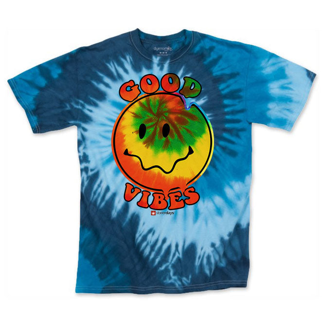 StonerDays Men's Blue Good Vibes Tie Dye Tee, Cotton T-Shirt with Front View on White