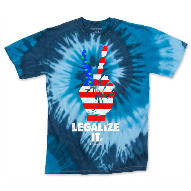 StonerDays Men's Blue Legalize It Tie Dye Tee, front view on white background