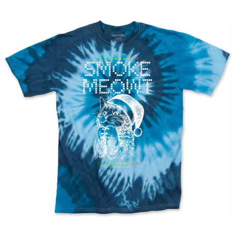 StonerDays Men's Blue Tie Dye T-Shirt with 'Smoke Meowt' Cat Graphic, Front View