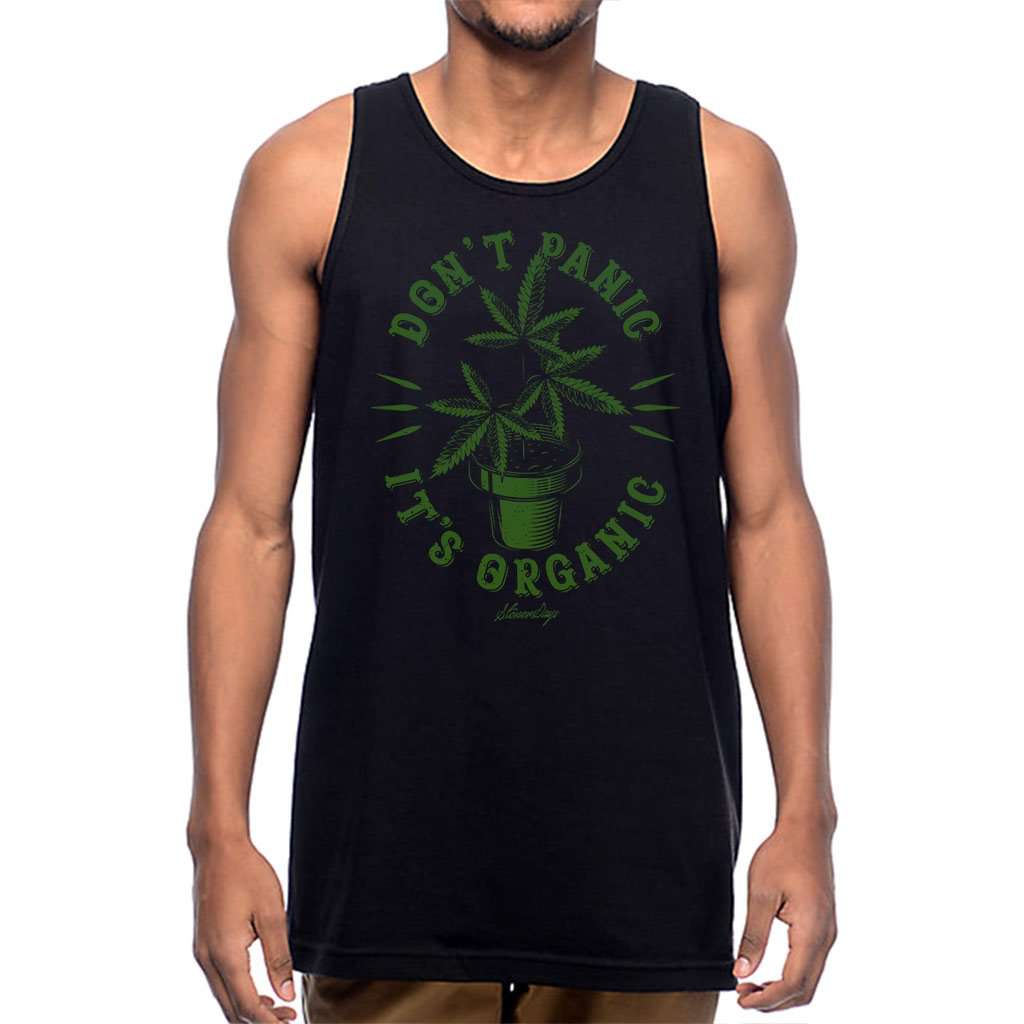 StonerDays Men's 'Don't Panic It's Organic' black cotton tank top, front view on model