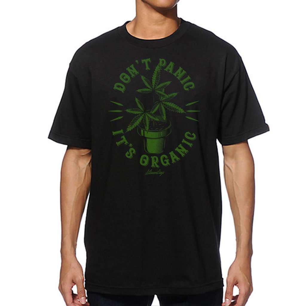 StonerDays Men's Don't Panic It's Organic Tee, black cotton, front view on model