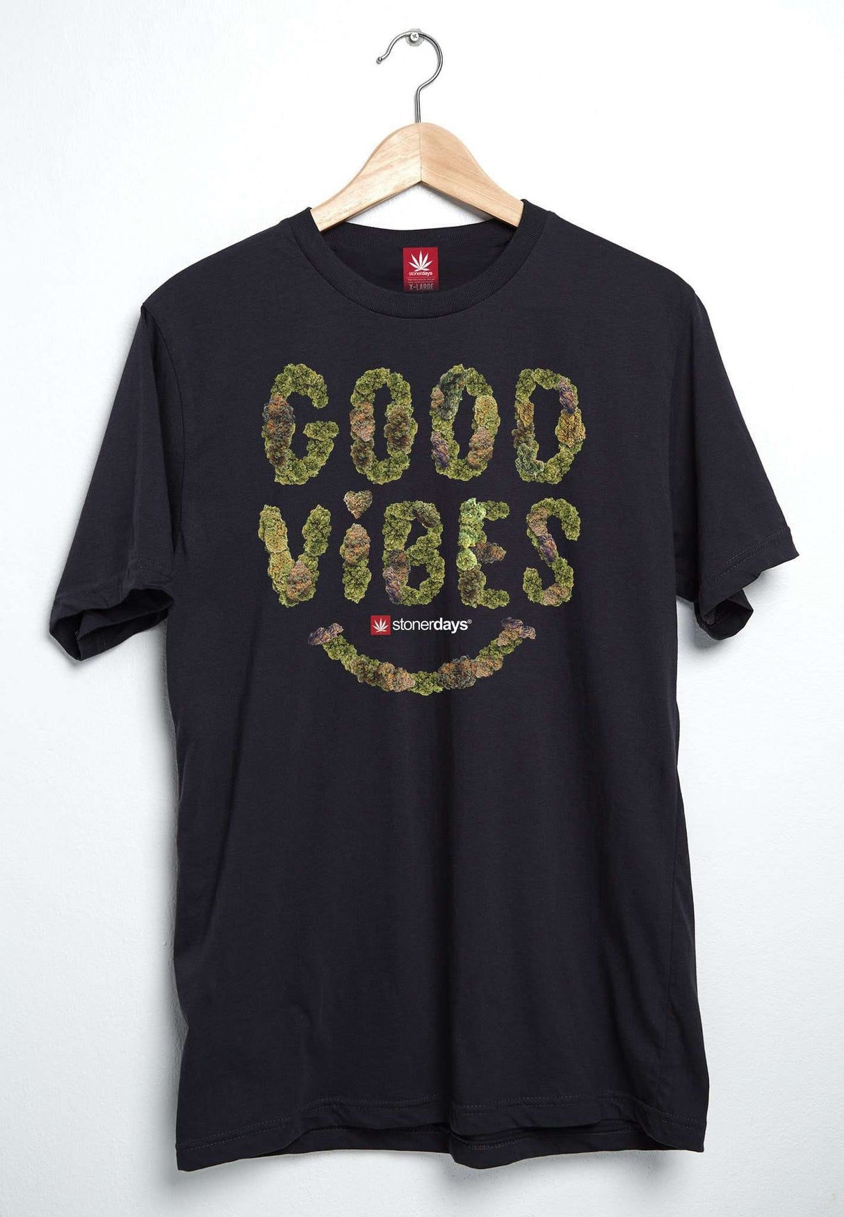 StonerDays Men's Black Cotton Tee with Good Vibes Nugs Design, Front View