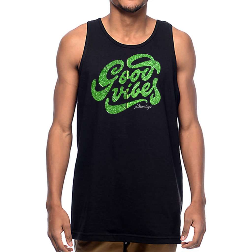 StonerDays Men's Groovy Vibes Green Tank Top, Front View on Model, Sizes S-3XL