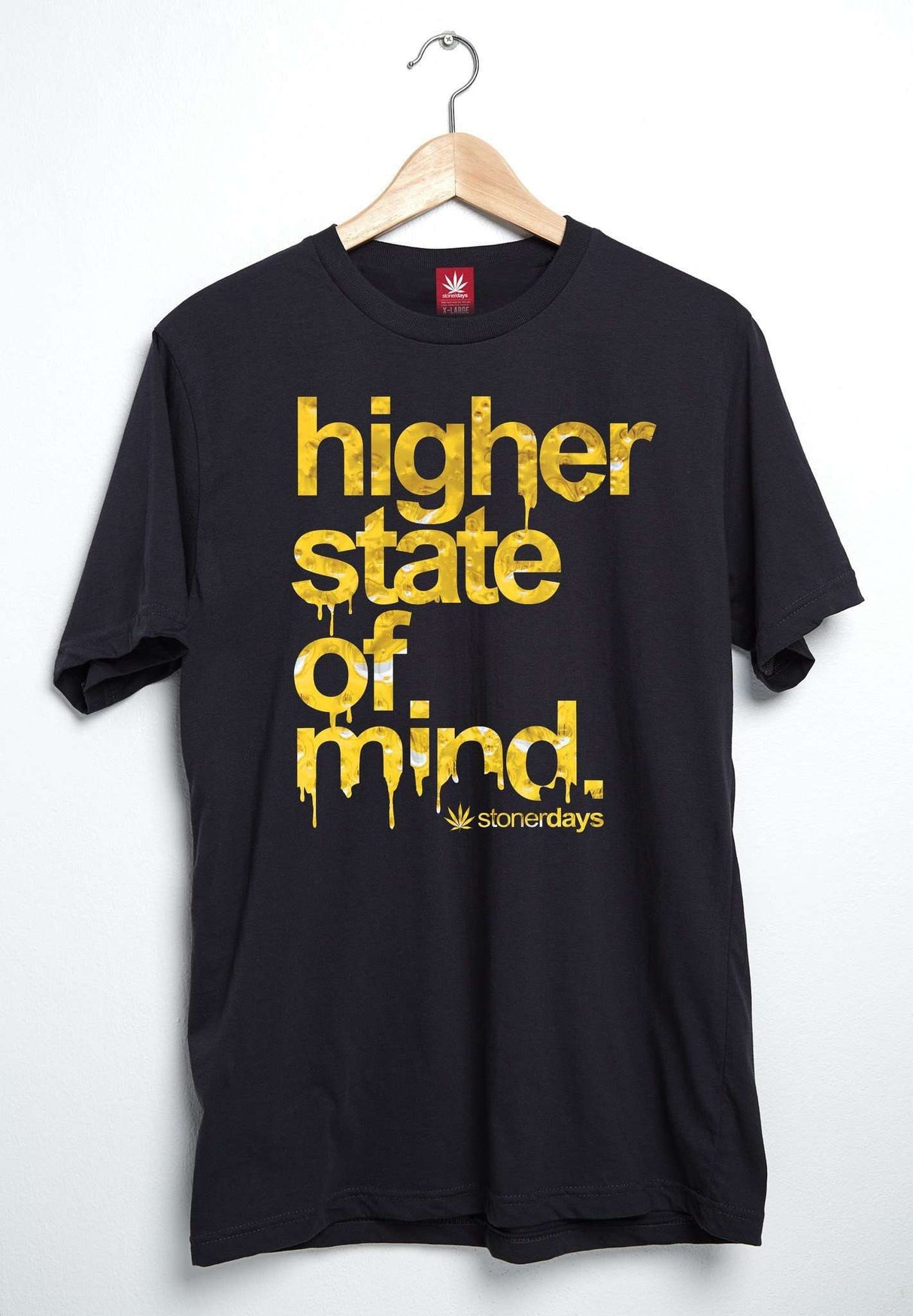 StonerDays Men's Black Cotton Tee with 'Higher State Of Mind' Graphic, Front View