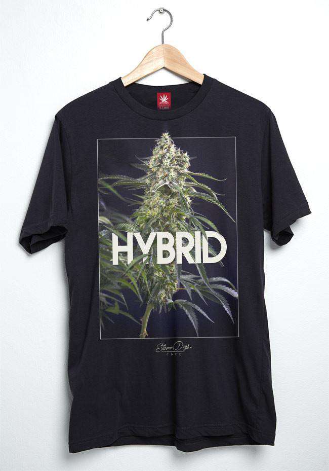 StonerDays Men's Black Hybrid Tee with Chillum Design, Front View on Hanger