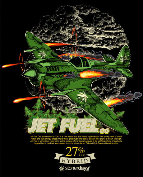 StonerDays Men's Jet Fuel Tee in Green featuring fighter jet graphic, front view on black background.