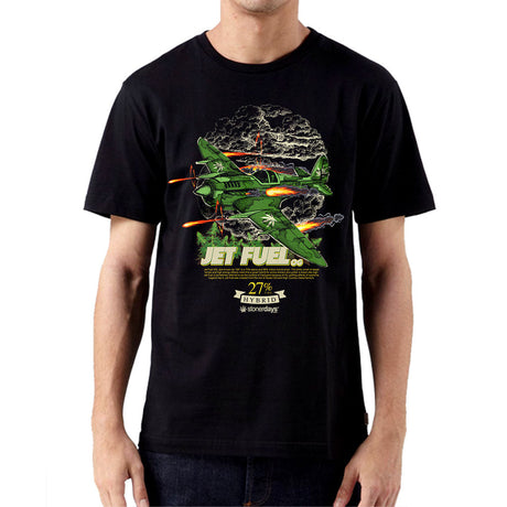 StonerDays Men's Jet Fuel Tee in black with vibrant green graphic, front view on model