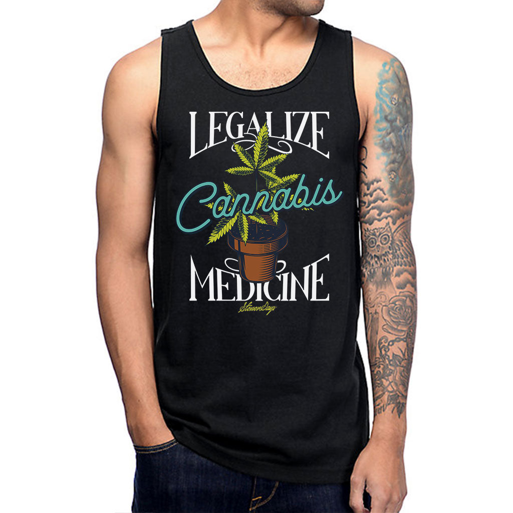 StonerDays Men's Black Tank Top with 'Legalize Cannabis Medicine' Graphic, Medium Size