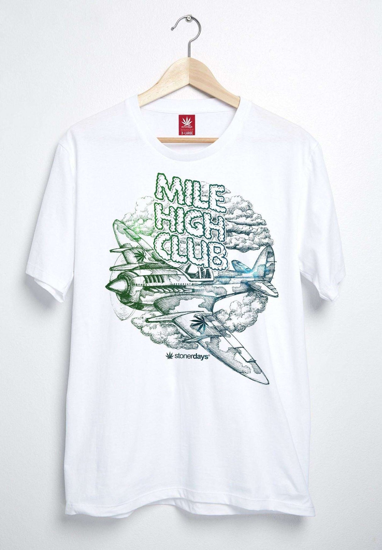 StonerDays Men's Mile High Tee in black, front view on hanger, featuring bold graphic design
