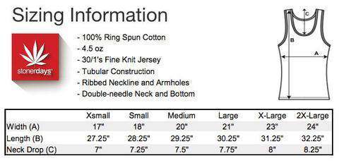 StonerDays Men's Money Trees Tank Top sizing chart on a white background