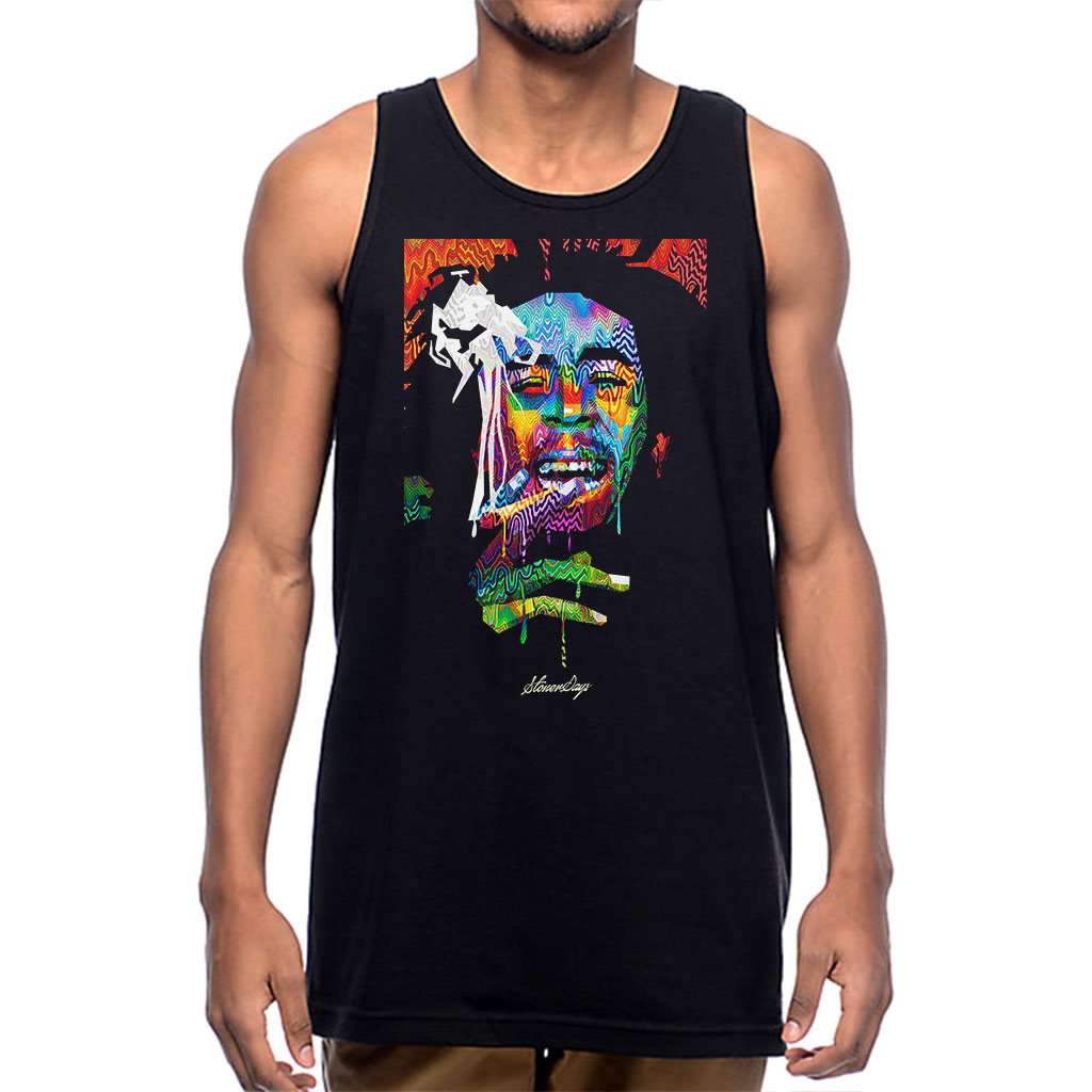 StonerDays Men's Pop Art Bob Tank Top in Rasta Colors, Front View on Model, Cotton Material