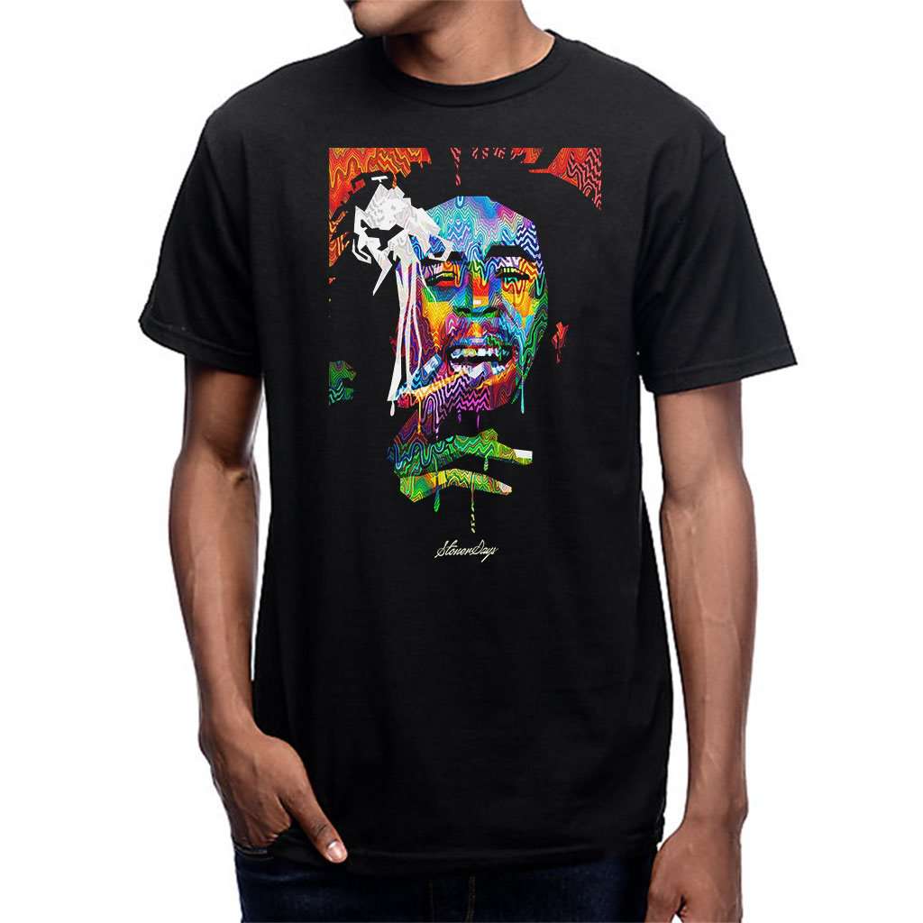 StonerDays Men's Pop Art Bob Tee in black, featuring a vibrant rasta-colored design, front view on model.