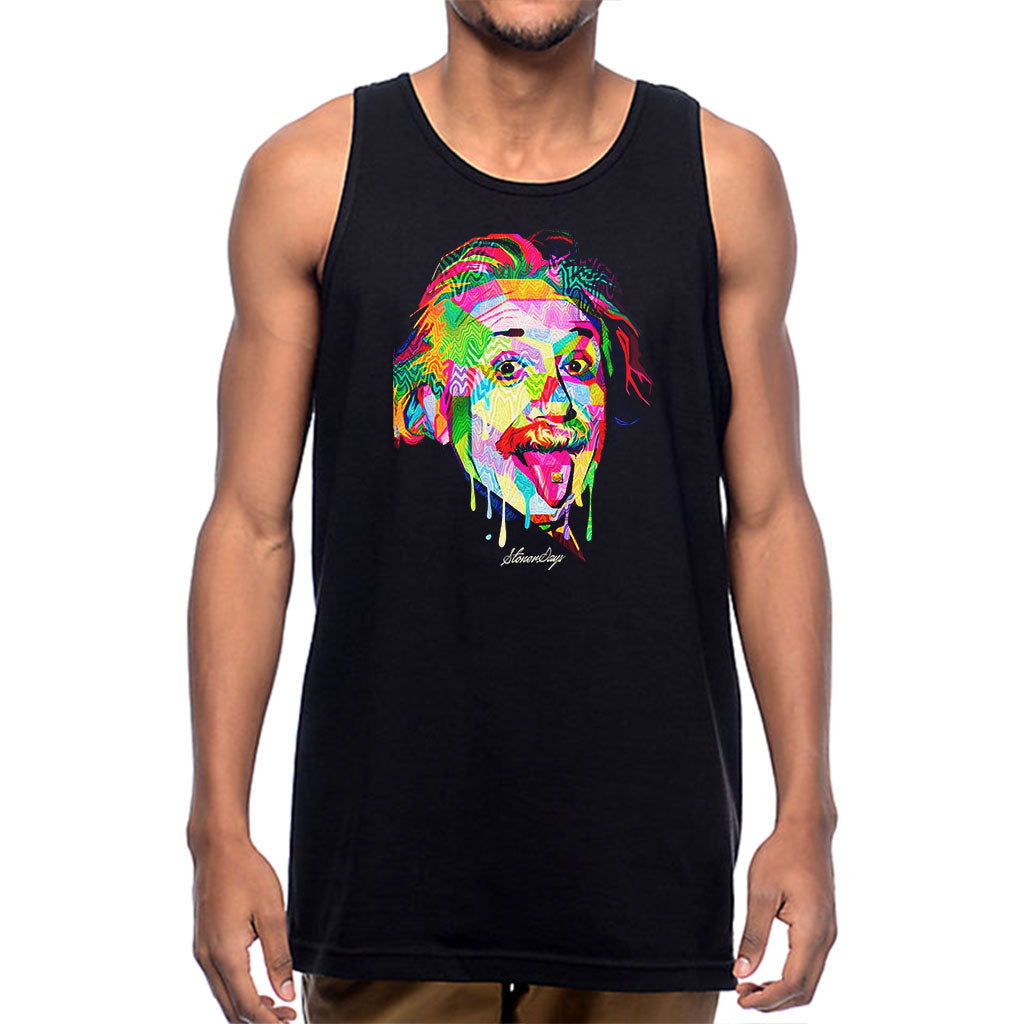 StonerDays Men's Pop Art Einstein Tank Top in Rasta Colors, UV Reactive, Front View