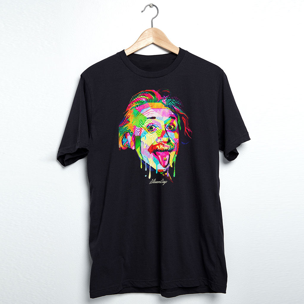 StonerDays Men's Pop Art Einstein Tee in black cotton, front view on hanger