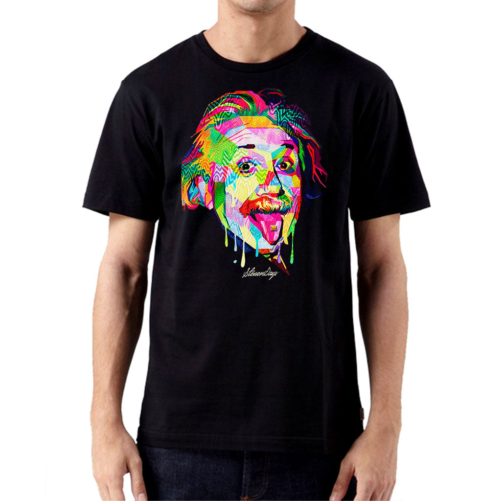 StonerDays Men's Pop Art Einstein Tee in Black - Front View on Model