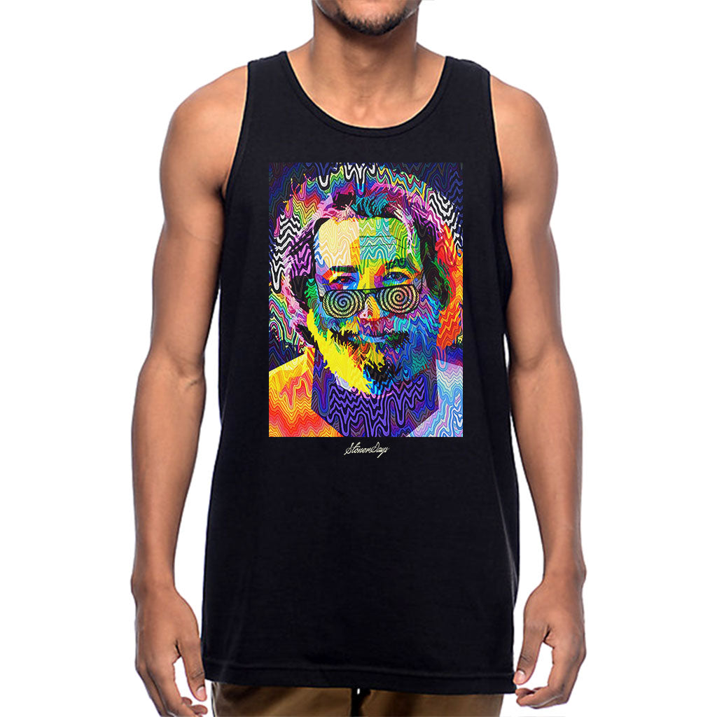 StonerDays Men's Pop Art Jerry Tank Top in Rasta Colors, Front View on Model