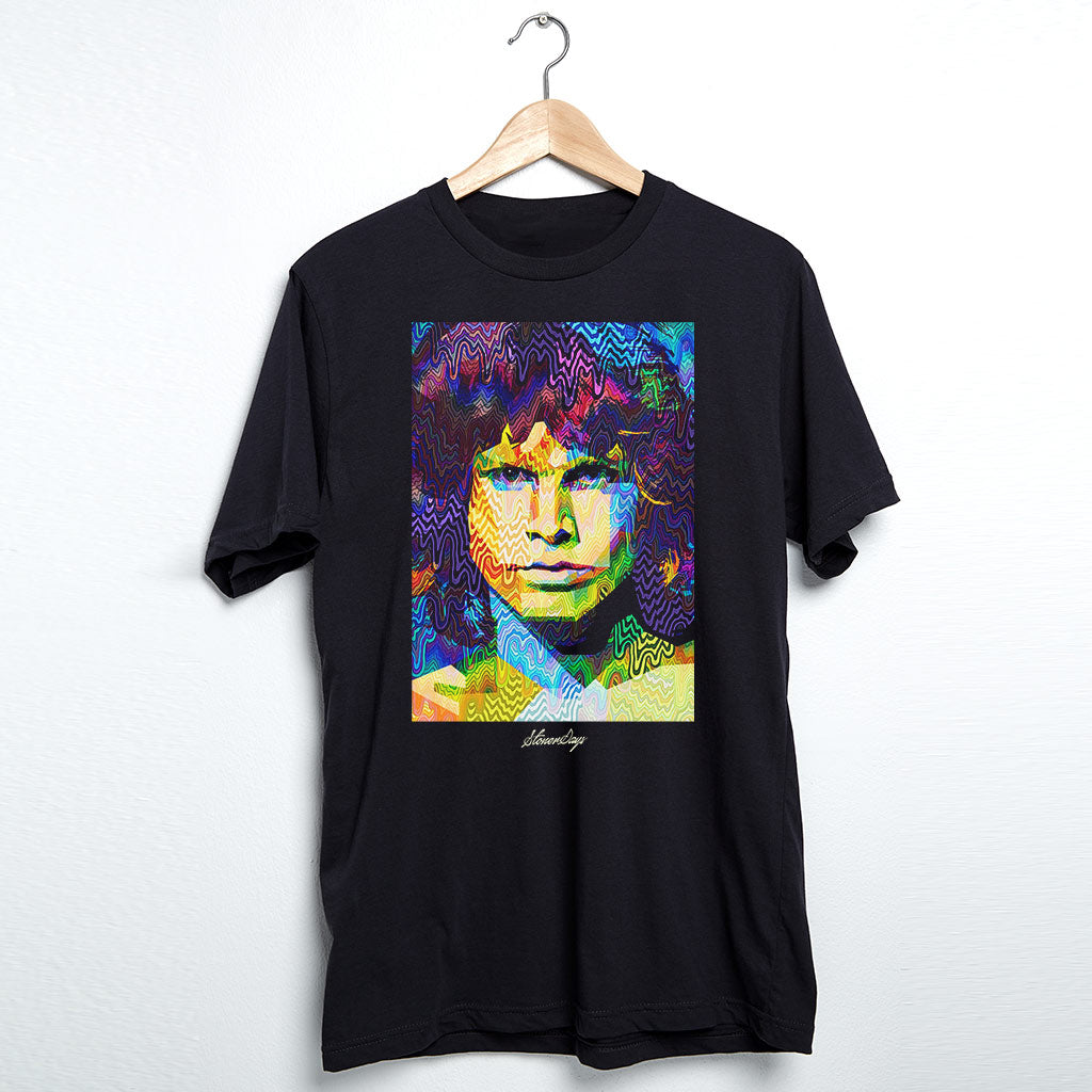 StonerDays Men's Pop Art Jim Tee in black, front view, hanging on a wooden hanger