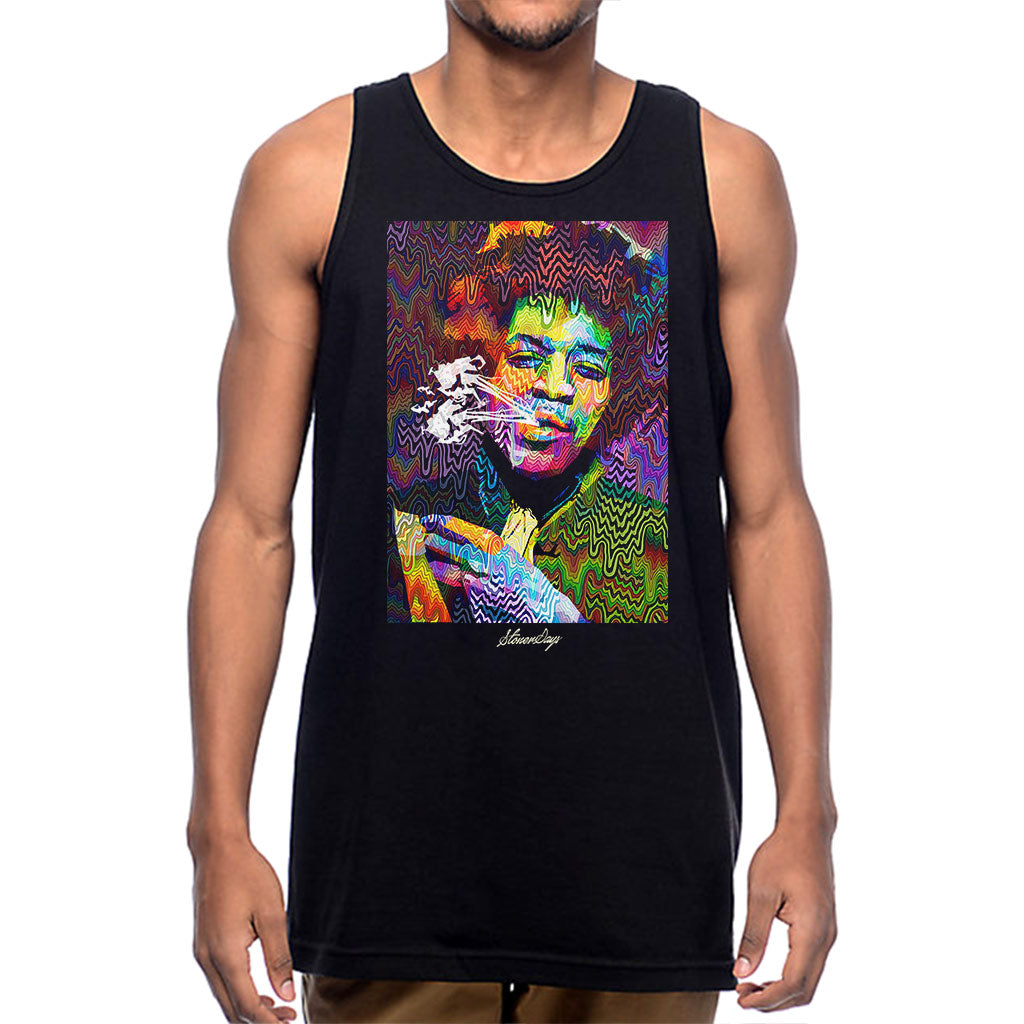 StonerDays Men's Pop Art Jimi Tank Top in Rasta Colors, Cotton Material, Front View on Model