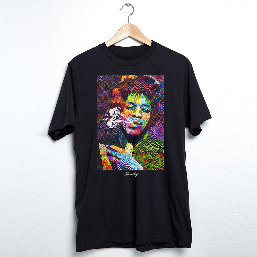 StonerDays Men's Pop Art Jimi Tee in black, hanging on wooden hanger, front view