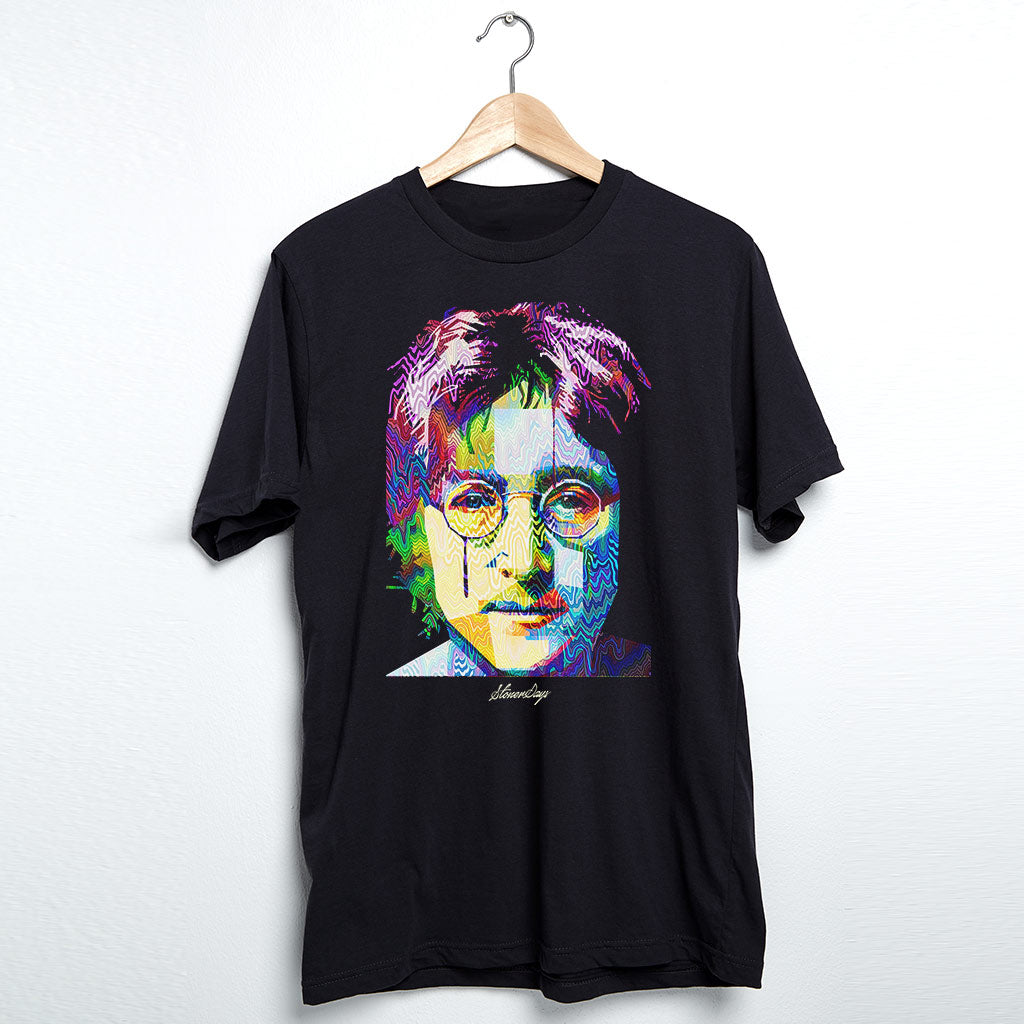 StonerDays Men's Pop Art John Tee in black, hanging on wooden hanger, front view on white background