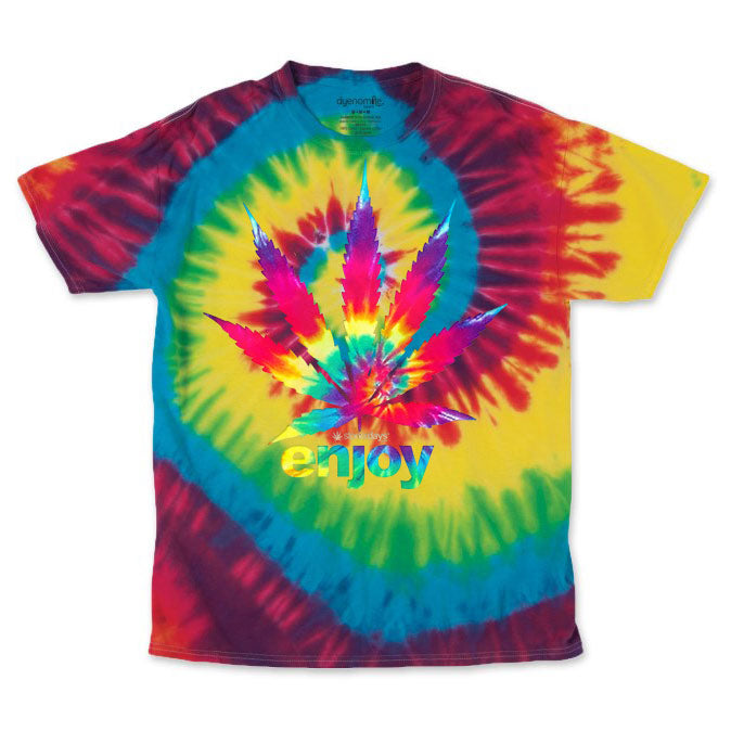 StonerDays Men's Rainbow Tie Dye Tee with Leaf Design, Cotton, Front View