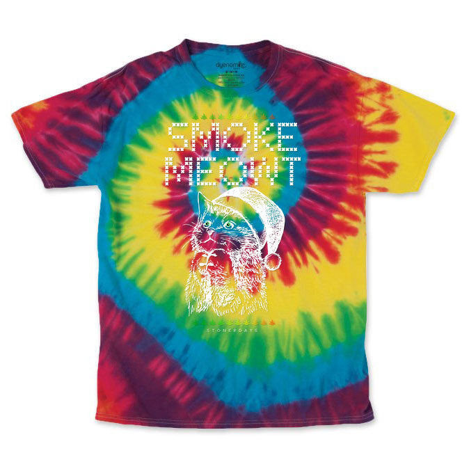 StonerDays Men's Rainbow Tie Dye Tee with Smoke Meowt Cat Graphic, Front View
