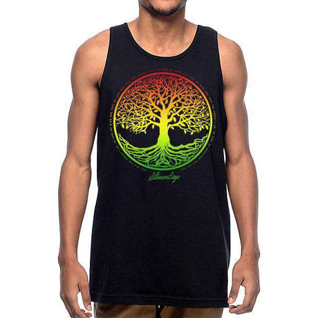 StonerDays Mens Rasta Tree of Life Tank Top, front view on a model, vibrant cotton apparel