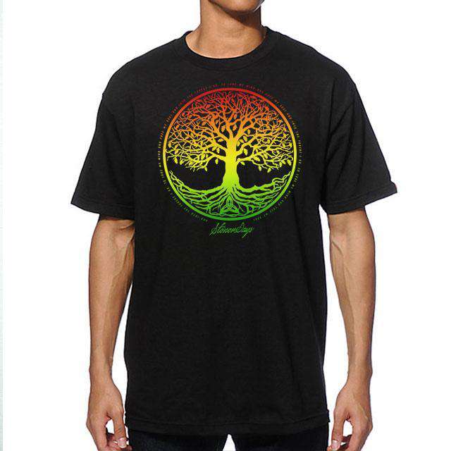 StonerDays Men's Rasta Tree of Life Tee in black, front view on a model, vibrant tree graphic