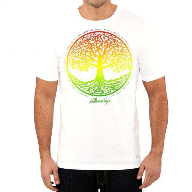 StonerDays Men's Rasta Tree of Life Tee in white cotton, front view on model